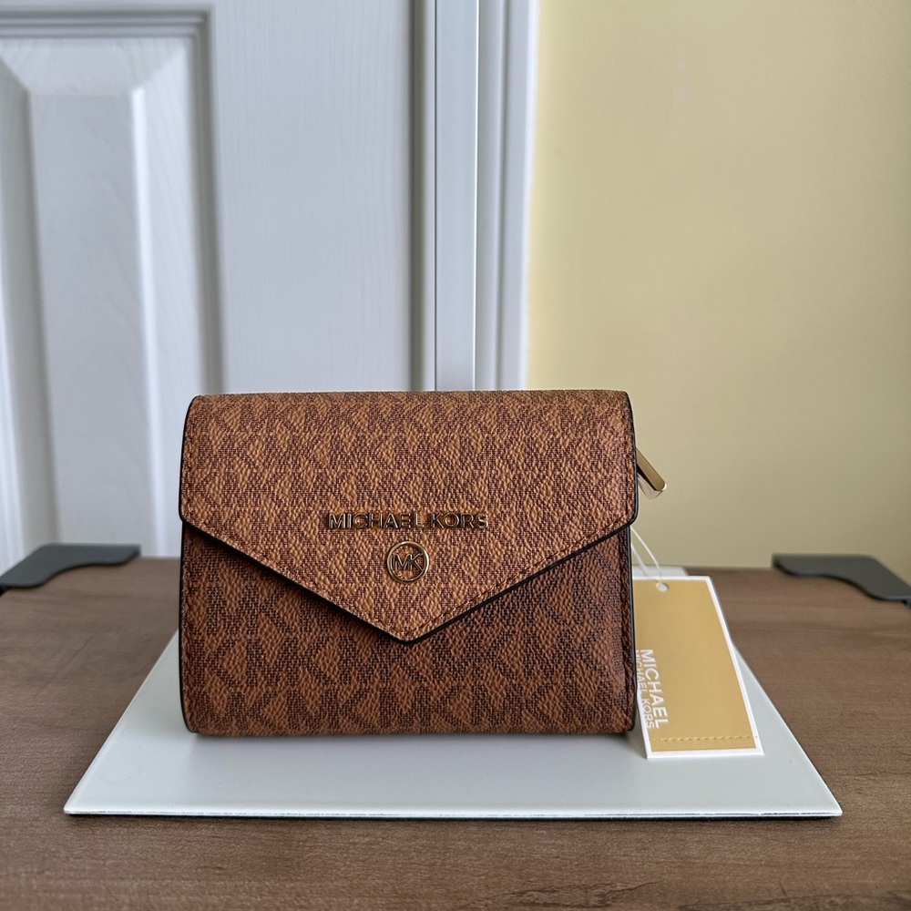 #57. Michael Kors Carmen Medium Envelope Trifold Wallet, Caramel Brown, NWT